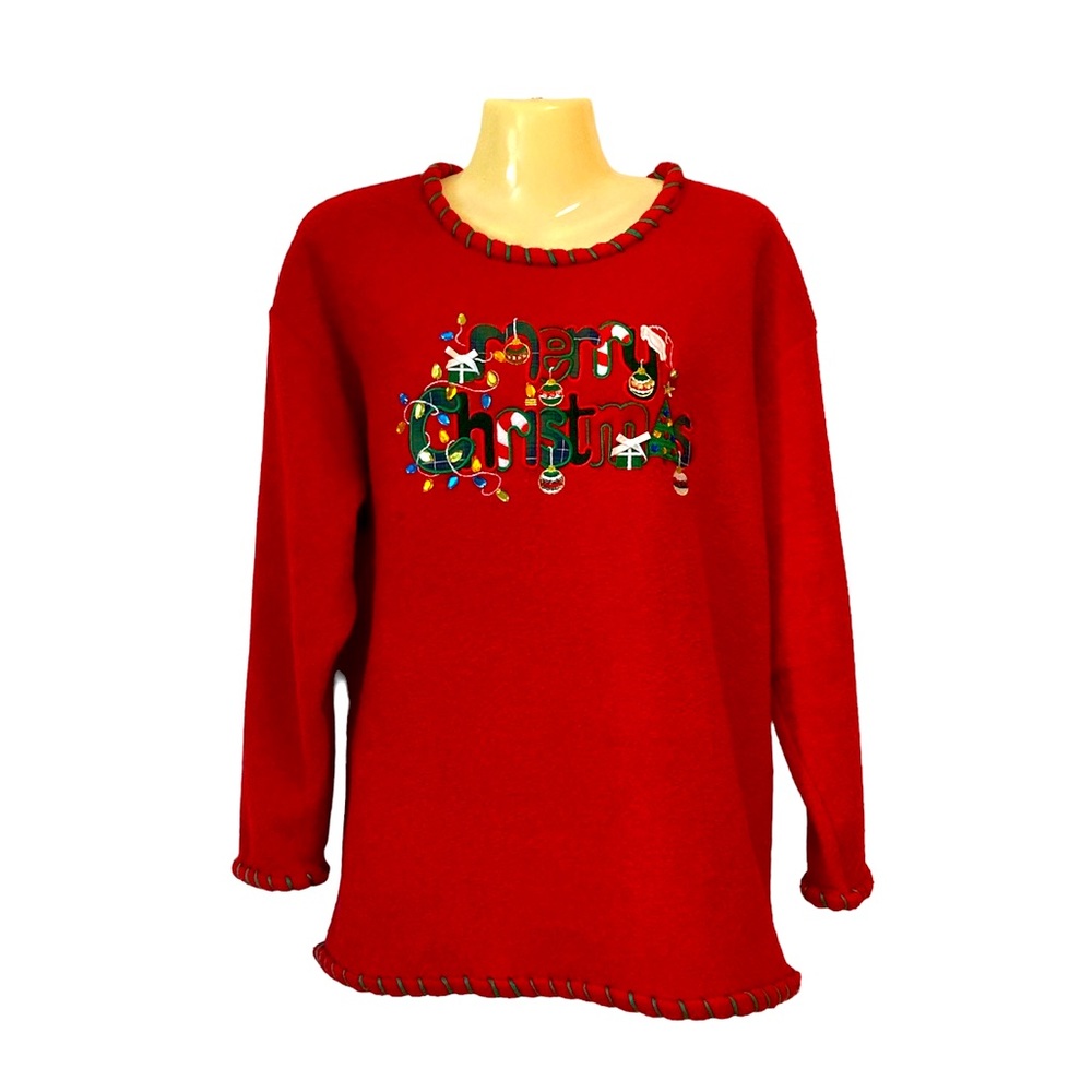 Mandal Bay Merry Christmas Holiday Fleece Pullover Top Embroidery Festive Red Sm